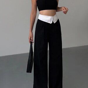 Commense Folded Waist Contrast Wide Leg Pants